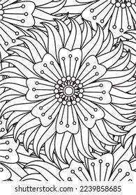  Abstract background doodle floral pattern in black and white. A page for coloring book: fascinating and relaxing job for children and adults. Zentangle drawing. Flower carpet in a magic garden vector