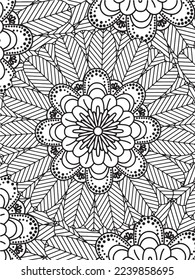  Abstract background doodle floral pattern in black and white. A page for coloring book: fascinating and relaxing job for children and adults. Zentangle drawing. Flower carpet in a magic garden vector