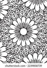  Abstract background doodle floral pattern in black and white. A page for coloring book: fascinating and relaxing job for children and adults. Zentangle drawing. Flower carpet in a magic garden vector