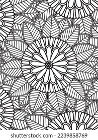  Abstract background doodle floral pattern in black and white. A page for coloring book: fascinating and relaxing job for children and adults. Zentangle drawing. Flower carpet in a magic garden vector