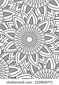  Abstract background doodle floral pattern in black and white. A page for coloring book: fascinating and relaxing job for children and adults. Zentangle drawing. Flower carpet in a magic garden vector