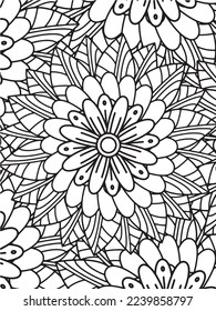  Abstract background doodle floral pattern in black and white. A page for coloring book: fascinating and relaxing job for children and adults. Zentangle drawing. Flower carpet in a magic garden vector