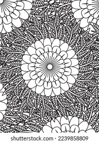  Abstract background doodle floral pattern in black and white. A page for coloring book: fascinating and relaxing job for children and adults. Zentangle drawing. Flower carpet in a magic garden vector