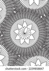  Abstract background doodle floral pattern in black and white. A page for coloring book: fascinating and relaxing job for children and adults. Zentangle drawing. Flower carpet in a magic garden vector