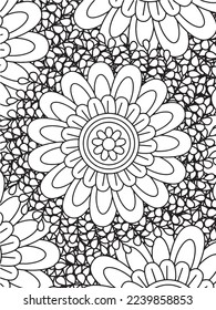  Abstract background doodle floral pattern in black and white. A page for coloring book: fascinating and relaxing job for children and adults. Zentangle drawing. Flower carpet in a magic garden vector