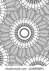  Abstract background doodle floral pattern in black and white. A page for coloring book: fascinating and relaxing job for children and adults. Zentangle drawing. Flower carpet in a magic garden vector