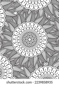  Abstract background doodle floral pattern in black and white. A page for coloring book: fascinating and relaxing job for children and adults. Zentangle drawing. Flower carpet in a magic garden vector