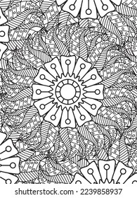  Abstract background doodle floral pattern in black and white. A page for coloring book: fascinating and relaxing job for children and adults. Zentangle drawing. Flower carpet in a magic garden vector