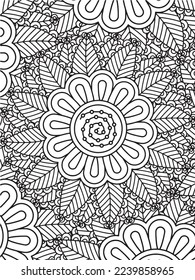  Abstract background doodle floral pattern in black and white. A page for coloring book: fascinating and relaxing job for children and adults. Zentangle drawing. Flower carpet in a magic garden vector