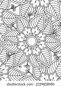  Abstract background doodle floral pattern in black and white. A page for coloring book: fascinating and relaxing job for children and adults. Zentangle drawing. Flower carpet in a magic garden vector