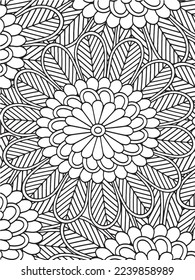  Abstract background doodle floral pattern in black and white. A page for coloring book: fascinating and relaxing job for children and adults. Zentangle drawing. Flower carpet in a magic garden vector