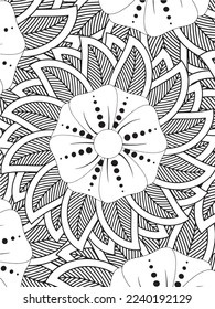  Abstract background doodle floral pattern in black and white. A page for coloring book: fascinating and relaxing job for children and adults. Zentangle drawing. Flower carpet in a magic garden vector