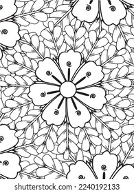  Abstract background doodle floral pattern in black and white. A page for coloring book: fascinating and relaxing job for children and adults. Zentangle drawing. Flower carpet in a magic garden vector