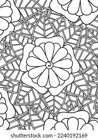  Abstract background doodle floral pattern in black and white. A page for coloring book: fascinating and relaxing job for children and adults. Zentangle drawing. Flower carpet in a magic garden vector