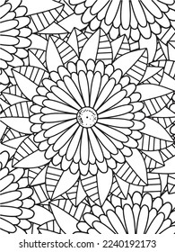  Abstract background doodle floral pattern in black and white. A page for coloring book: fascinating and relaxing job for children and adults. Zentangle drawing. Flower carpet in a magic garden vector