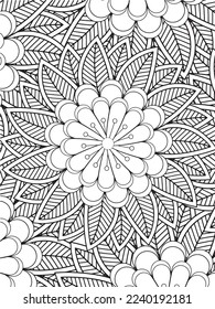  Abstract background doodle floral pattern in black and white. A page for coloring book: fascinating and relaxing job for children and adults. Zentangle drawing. Flower carpet in a magic garden vector