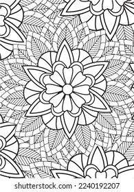  Abstract background doodle floral pattern in black and white. A page for coloring book: fascinating and relaxing job for children and adults. Zentangle drawing. Flower carpet in a magic garden vector