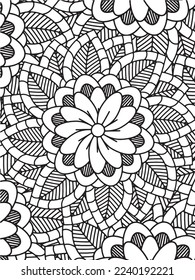  Abstract background doodle floral pattern in black and white. A page for coloring book: fascinating and relaxing job for children and adults. Zentangle drawing. Flower carpet in a magic garden vector