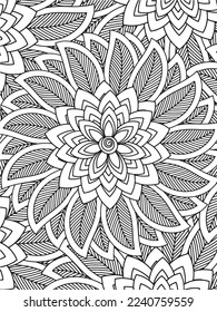 Abstract background doodle floral pattern in black and white. A page for coloring book: fascinating and relaxing job for children and adults. Zentangle drawing. Flower carpet in a magic garden vector.