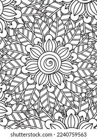 Abstract background doodle floral pattern in black and white. A page for coloring book: fascinating and relaxing job for children and adults. Zentangle drawing. Flower carpet in a magic garden vector.