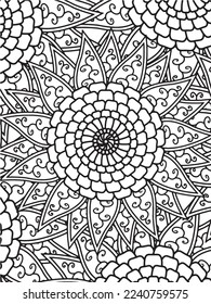 Abstract background doodle floral pattern in black and white. A page for coloring book: fascinating and relaxing job for children and adults. Zentangle drawing. Flower carpet in a magic garden vector.