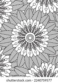 Abstract background doodle floral pattern in black and white. A page for coloring book: fascinating and relaxing job for children and adults. Zentangle drawing. Flower carpet in a magic garden vector.