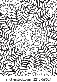 Abstract background doodle floral pattern in black and white. A page for coloring book: fascinating and relaxing job for children and adults. Zentangle drawing. Flower carpet in a magic garden vector.
