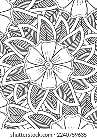 Abstract background doodle floral pattern in black and white. A page for coloring book: fascinating and relaxing job for children and adults. Zentangle drawing. Flower carpet in a magic garden vector.