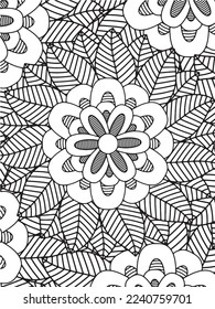 Abstract background doodle floral pattern in black and white. A page for coloring book: fascinating and relaxing job for children and adults. Zentangle drawing. Flower carpet in a magic garden vector.