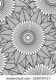 Abstract background doodle floral pattern in black and white. A page for coloring book: fascinating and relaxing job for children and adults. Zentangle drawing. Flower carpet in a magic garden vector.