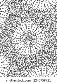 Abstract background doodle floral pattern in black and white. A page for coloring book: fascinating and relaxing job for children and adults. Zentangle drawing. Flower carpet in a magic garden vector.