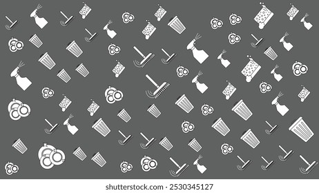 Abstract background doodle pattern contains Clean icon a broom, trash can, plate, sprayer, dishwashing sponge with outline suitable for banner or marketing poster about activities house cleaning