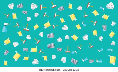 Abstract background doodle pattern contains Clean icon a broom, trash can, plate, sprayer, dishwashing sponge with outline suitable for banner or marketing poster about activities house cleaning