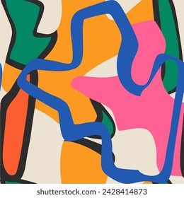 Abstract background, doodle pattern with different shapes and textures. Seamless ornament, simple modern design, bright template for printing. Psychedelic illustration in retro style.