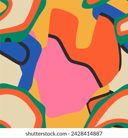 Abstract background, doodle pattern with different shapes and textures. Seamless ornament, simple modern design, bright template for printing. Psychedelic illustration in retro style.