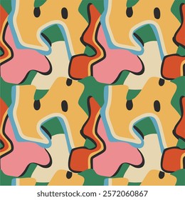 Abstract background, doodle pattern with different shapes and textures. Seamless ornament, simple modern design, bright template for printing. Psychedelic illustration in retro style.