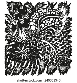 Abstract background with doodling hand drawn patterns, amazing flowers and feathers, vector illustration