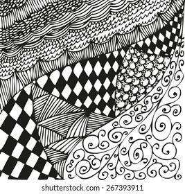 Abstract background with doodling hand drawn patterns. Curls, waves, chessboard, floral ornament, shading, scales, vector illustration