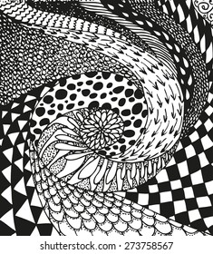 Abstract background with doodling hand drawn patterns. Curls, waves, chessboard, floral ornament, shading, scales, whirlpool, vector illustration