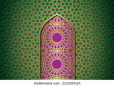 Abstract background with door, islamic ornament, arabic geometric pattern or texture. Golden lined tiled motif over colored background with gate.