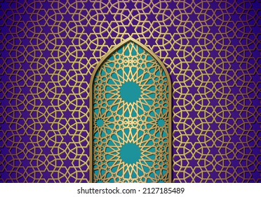 Abstract background with door, islamic ornament, arabic geometric pattern or texture. Golden lined tiled motif over colored background with gate.