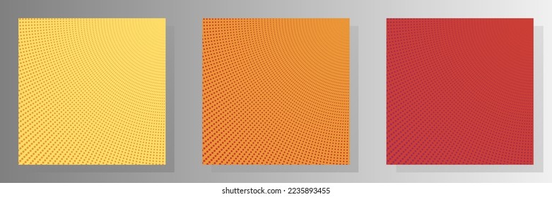 Abstract background dot perforated halftone title page templates vector kit. Digital catalog faded screen tone backdrops. Gradient design cover page layouts yellow orange and red color background.