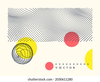 Abstract background with dots and circles. Polka dots pattern. Sphere with twist lines. 3d dynamic vector illustration for cover, banner, flyer or presentation.