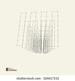Abstract background with dots and lines. Connection structure. Gray background. Composition of wire-frame elements in the form of cube with vertices in different perspective. Vector illustration.