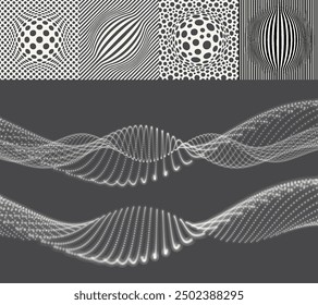 Abstract background of dots and lines with convex hemisphere shape on it. Digital wave of dynamic particles. Sound wave. Big data visualization. 3d vector illustration for business, cover, card, etc. 