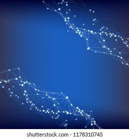 Abstract background with dots and lines . Modern  colorful concept with triangles on blue . Vector illustration .