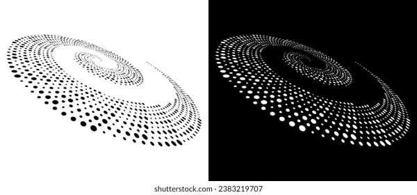 Abstract background with dots in spiral with perspective. Art design circle as logo or icon. A black figure on a white background and an equally white figure on the black side.