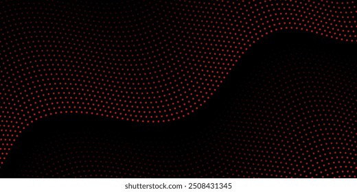 Fundo abstrato com pontos e ondas. Tamanho médio do banner. Elemento de design. Fundo vetorial para brochura, livreto, folheto, cartaz. Gradiente vermelho e preto. Escuro, noite