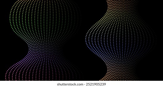 Abstract background with dots and waves. Medium banner size. Element for design. Vector background for brochure, booklet, flyer, poster. Colorful and black gradient. Dark, night