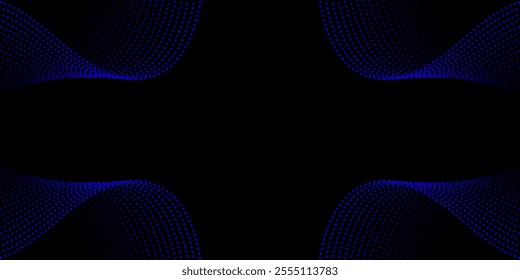 Abstract background with dots and waves. Medium banner size. Element for design. Vector background for brochure, booklet, flyer, poster. Blue and black gradient. Dark, night